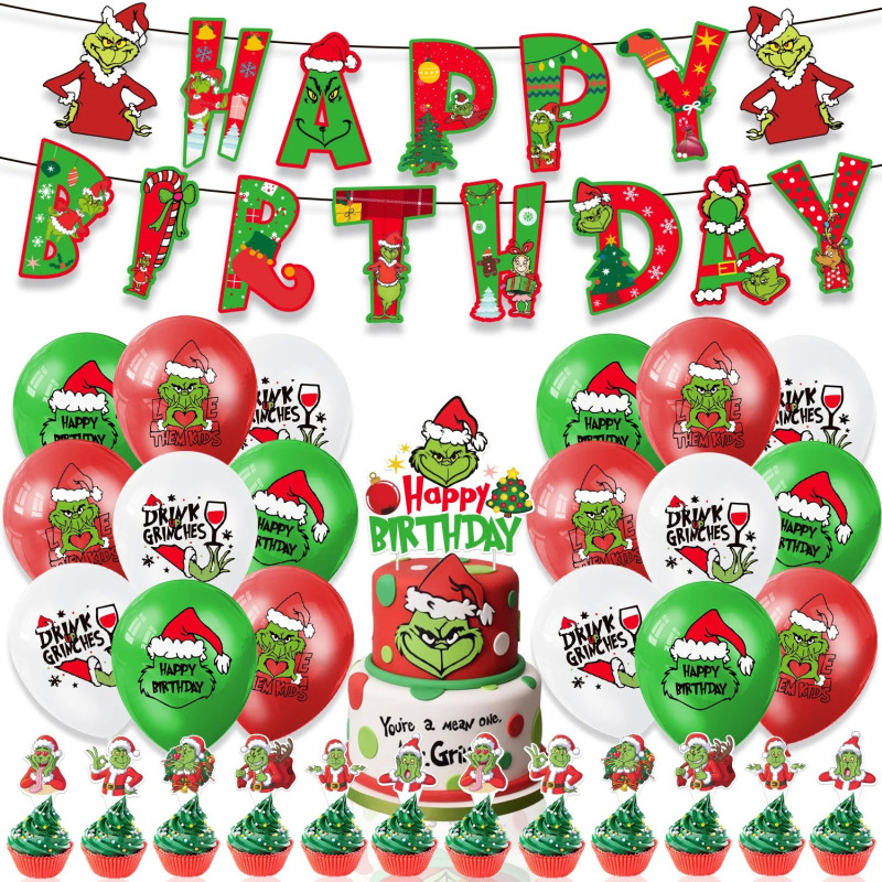 Grinch Christmas Birthday Party dinnerware Disposable Banner Cake Topp